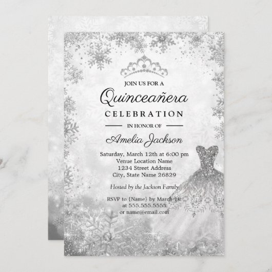 Sparkkleid Schneeflocken Winter Quinceanera Einladung (Vorne/Hinten)