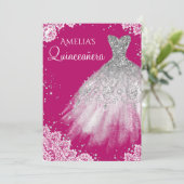 Sparkkleid White Lace Pink Quinceanera Einladung (Stehend Vorderseite)