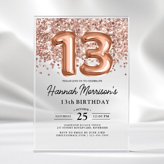 Sparkle 13. Geburtstag Rose Gold Balloons Party Acryleinladungen