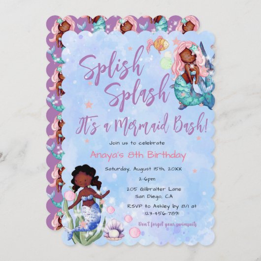 Sparkle American Mermaid Bash Birthday Einladung (Vorne/Hinten)