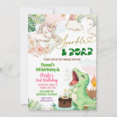 Sparkle And Roar Unicorn Dinosaur Joint Birthday Einladung (Vorderseite)