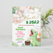Sparkle And Roar Unicorn Dinosaur Joint Birthday Einladung (Stehend Vorderseite)