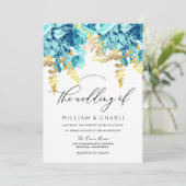 Sparkle Aqua Blue & Gold Floral Wedding Einladung (Stehend Vorderseite)