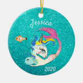 Sparkle Aquamarin Mermaid Unicorn Personalisierter Keramik Ornament (Vorne)