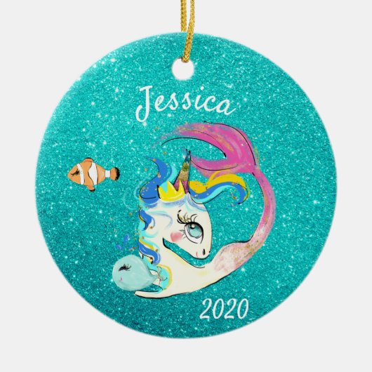 Sparkle Aquamarin Mermaid Unicorn Personalisierter Keramik Ornament (Vorne)