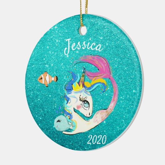 Sparkle Aquamarin Mermaid Unicorn Personalisierter Keramik Ornament (Links)