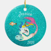 Sparkle Aquamarin Mermaid Unicorn Personalisierter Keramik Ornament (Hinten)