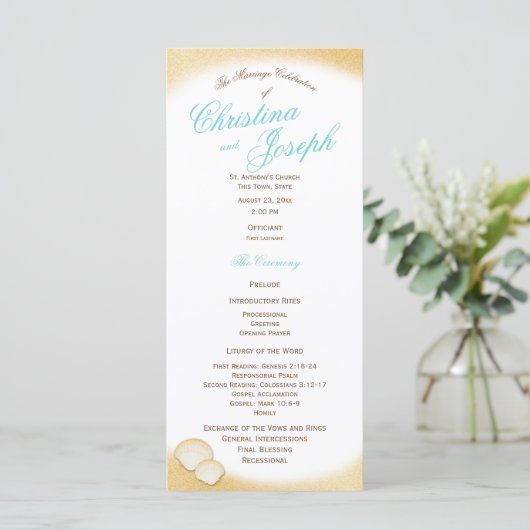 Sparkle Beach Golden Seashell Wedding Program Programm (Stehend Vorderseite)