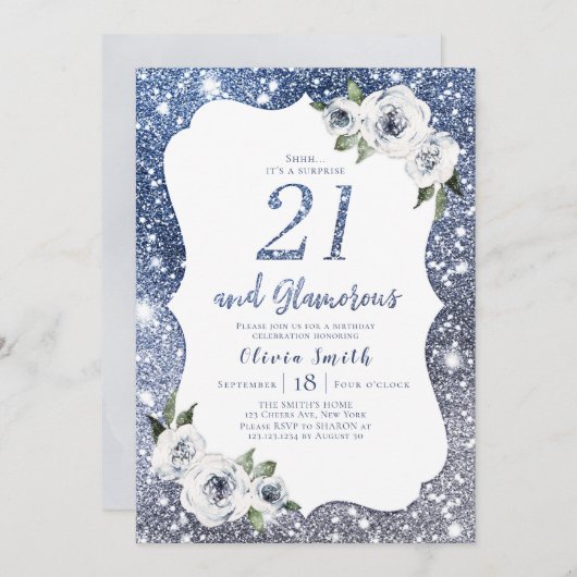 Sparkle blauer Glitzer und Blumengebäck 21. Geburt Einladung (Vorne/Hinten)