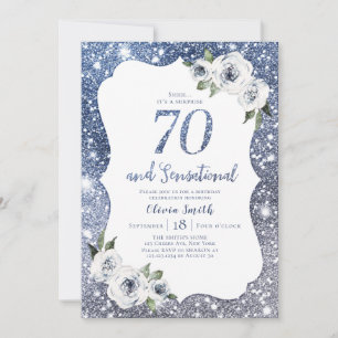 Sparkle blauer Glitzer und Blumengebäck 70. Geburt Einladung