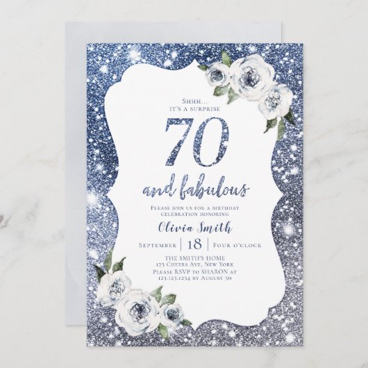 Sparkle blauer Glitzer und Blumengebäck 70. Geburt Einladung (Vorne/Hinten)