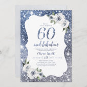 Sparkle blauer Glitzer und blumenreicher 60. Gebur Einladung (Vorne/Hinten)