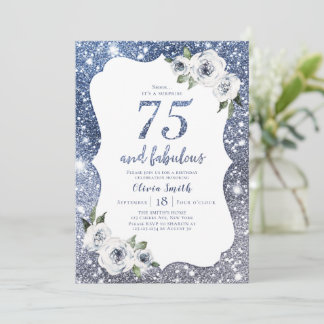 Sparkle blauer Glitzer und Blumenstrauß 75. Geburt Einladung