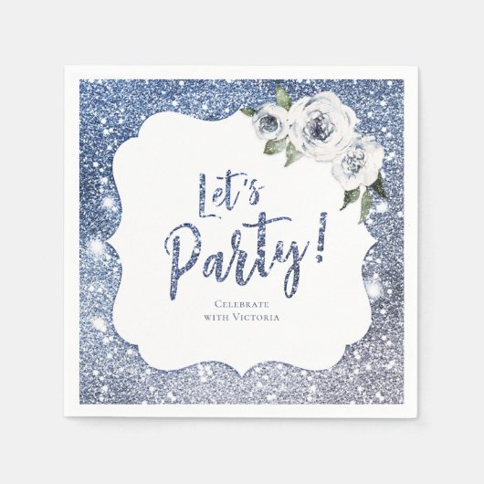 Sparkle blauer Glitzer und Blumenstrauß, Party Serviette (Vorderseite)