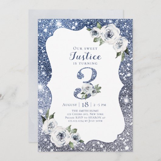 Sparkle blauer Glitzer und Blütenfest Einladung (Vorne/Hinten)
