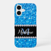 Sparkle Blue Glitzer & Gemes mit Name und Monogram