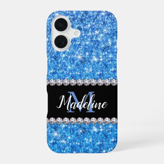 Sparkle Blue Glitzer & Gemes mit Name und Monogram iPhone 16 Hülle (Rückseite)