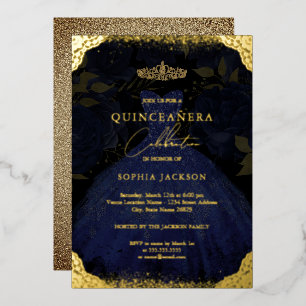 Sparkle Blue Gold Dress Tiara Quinceanera Folieneinladung