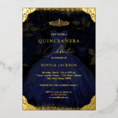 Sparkle Blue Gold Dress Tiara Quinceanera Folieneinladung (Vorderseite)