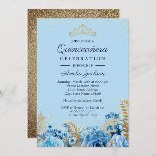 Sparkle Blue Gold Glitzer Blumenstrauß Quinceanera Einladung (Vorne/Hinten)