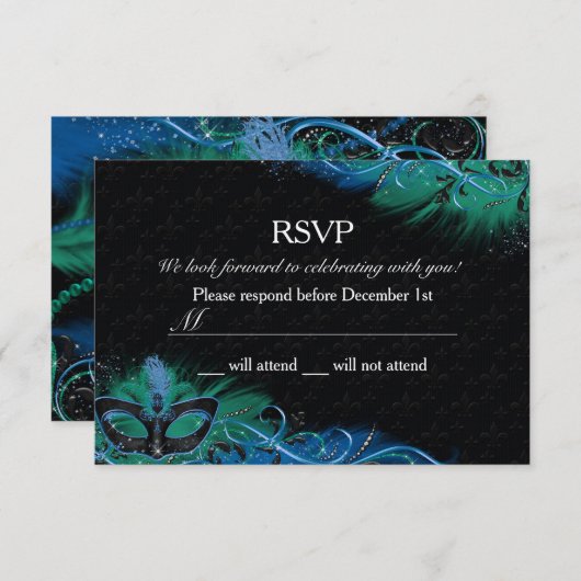 Sparkle Blue & Green Feather Masquerade UAWG Einladung (Vorne/Hinten)