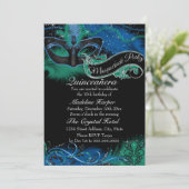 Sparkle Blue & Green Mask Masquerade Quinceanera Einladung (Stehend Vorderseite)
