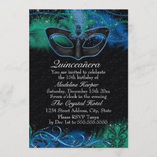 Sparkle Blue & Green Mask Masquerade Quinceanera Einladung