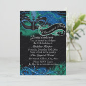 Sparkle Blue & Green Mask Masquerade Quinceanera Einladung (Stehend Vorderseite)