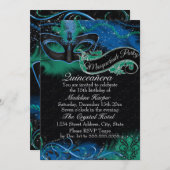 Sparkle Blue & Green Mask Masquerade Quinceanera Einladung (Vorne/Hinten)