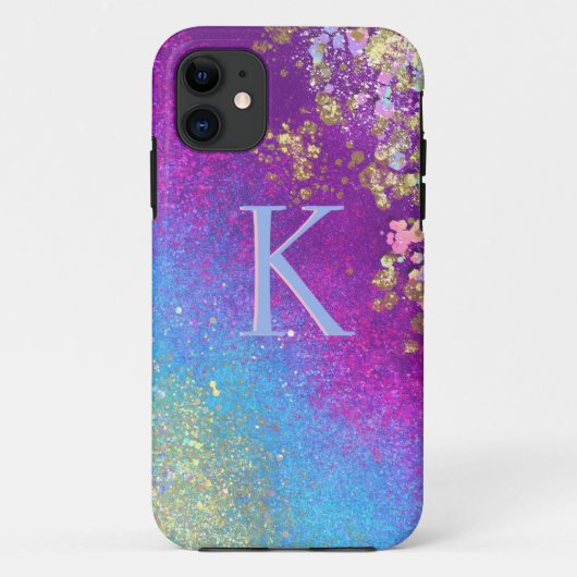 Sparkle Blue & Lila Glitzer Monogram iPhone Case (Rückseite)