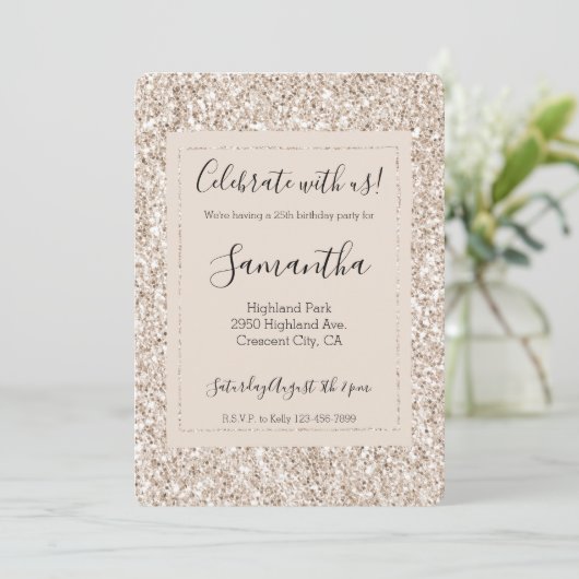 Sparkle Blush Cream Glitz Glitzer Einladung (Stehend Vorderseite)