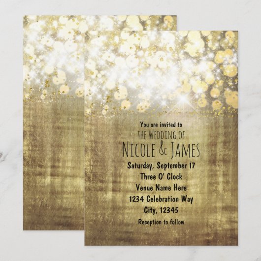 Sparkle Bright Lights Rustic Gold Glam Einladungen (Vorne/Hinten)