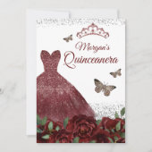 Sparkle Burgundy Jewel Dress Butterfly Quinceanera Einladung (Vorderseite)