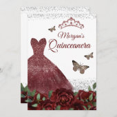 Sparkle Burgundy Jewel Dress Butterfly Quinceanera Einladung (Vorne/Hinten)