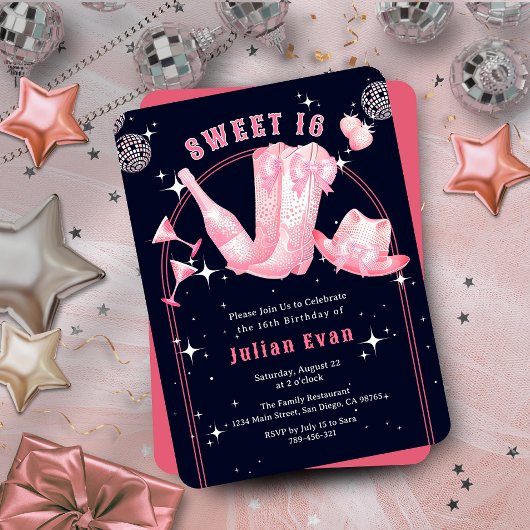 Sparkle Cowgirl Navy Blue & Pink Sweet 16 Geburtst Einladung
