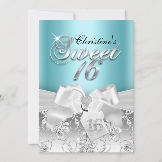 Sparkle Diamond Bow Blue Sweet 16 Einladung (Vorderseite)