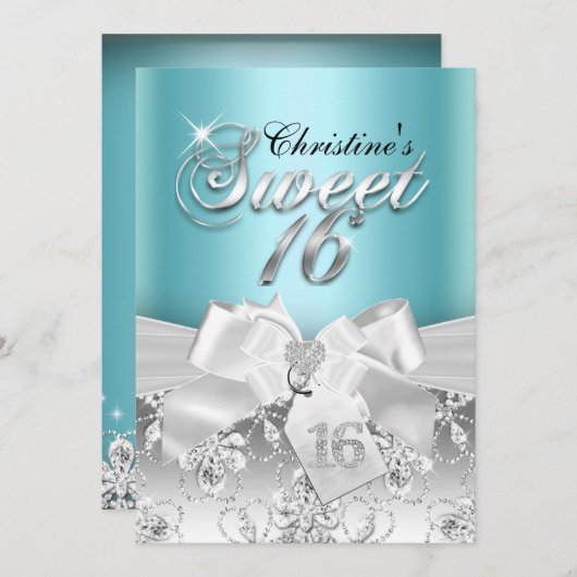 Sparkle Diamond Bow Blue Sweet 16 Einladung (Vorne/Hinten)