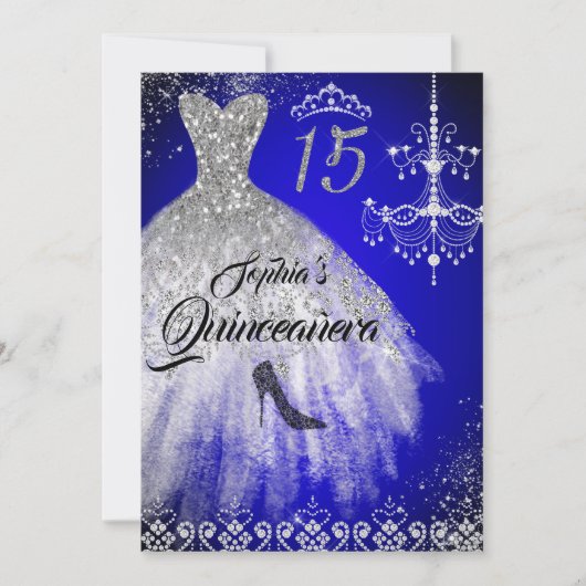 Sparkle Diamond Dress Blue Silver Quinceanera Einladung (Vorderseite)