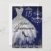 Sparkle Diamond Dress Navy Quinceanera Einladung (Vorderseite)