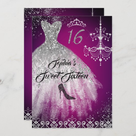 Sparkle Diamond Dress Pink Silver Sweet 16 Einladung (Vorne/Hinten)
