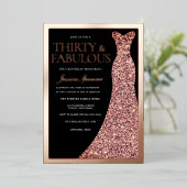 Sparkle Dress 30th Birthday Party Black Rose Gold Folieneinladung (Stehend vorne)
