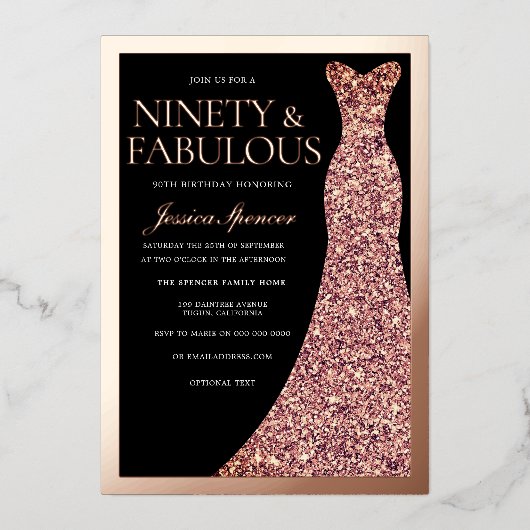 Sparkle Dress 90th Birthday Party Black Rose Gold Folieneinladung (Vorderseite)