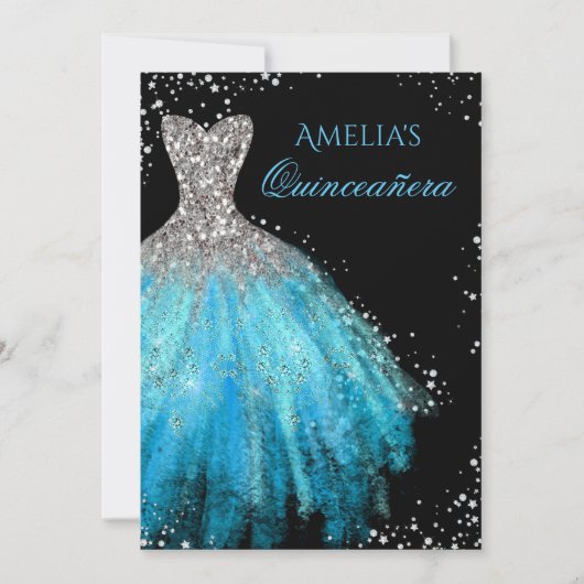 Sparkle Dress Blue Quinceanera Einladung (Vorderseite)