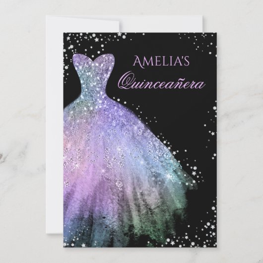 Sparkle Dress Rainbow Quinceanera Einladung (Vorderseite)