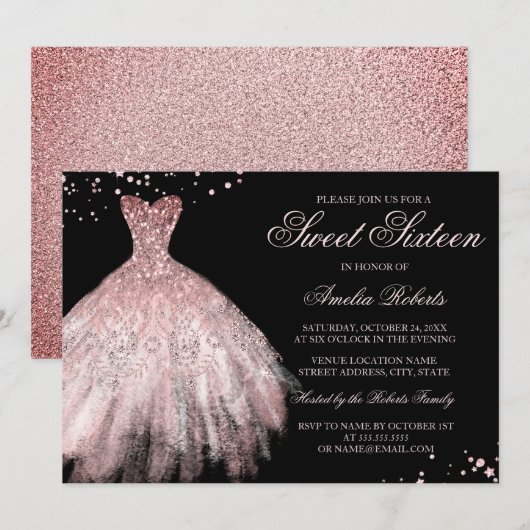 Sparkle Dress Rose Gold 16 . Geburtstag Einladung (Vorne/Hinten)