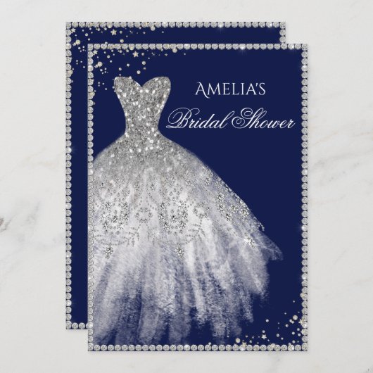 Sparkle Dress Silver Navy Bridal Dusche Einladung (Vorne/Hinten)