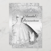 Sparkle Dress & Tiara Silver Quinceanera Einladung (Vorne/Hinten)