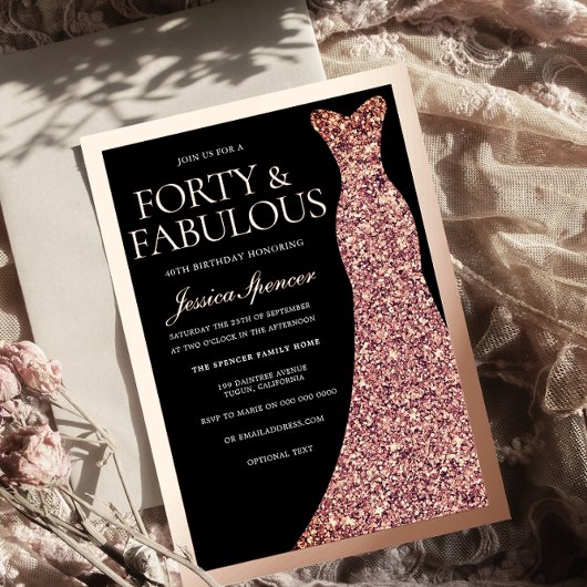 Sparkle Dress Womans Black 40th Birthday Rose Gold Folieneinladung