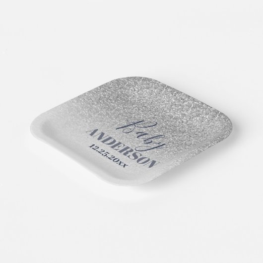 Sparkle Dusche: Blue & Silver Baby Celebration Pappteller (Gewinkelt)