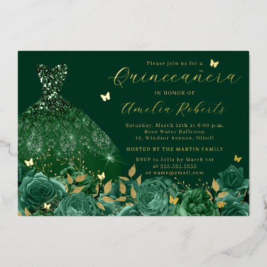 Sparkle Emerald Dress Gold Floral Butterfly Folieneinladung (Vorderseite)